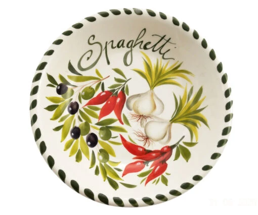 Large Size Garlic, Olive And Chili Pepper Design Ceramic Italian Spaghetti Bowl