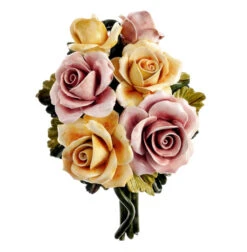 Pink And Yellow Roses Ceramic Bouquet Italian Wall Plaque
