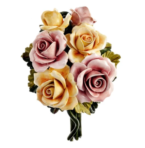 Pink And Yellow Roses Ceramic Bouquet Italian Wall Plaque