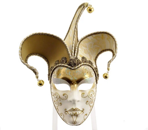 White And Gold Colour Volto Tricorno Brillantini Venetian Mask
