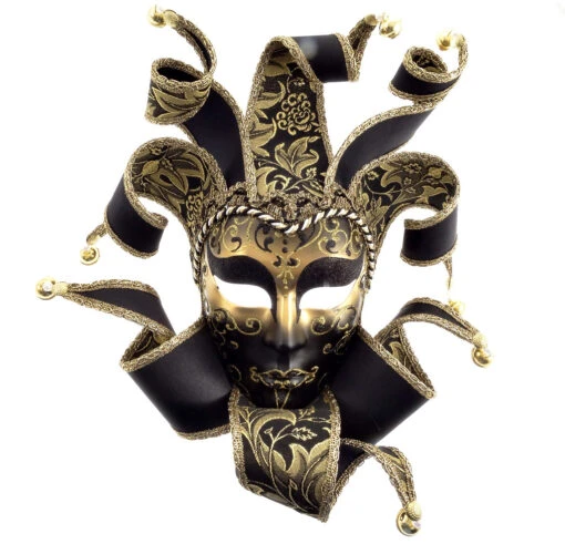 Gold, Silver And Black Colour Dama 8 Ricci Brillantini Venetian Mask